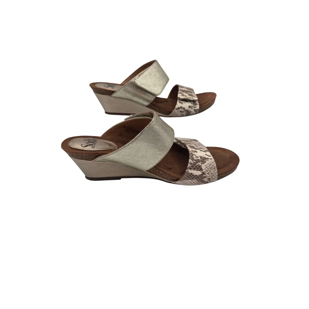 Sofft Womens Metallic Gold Snakeskin Print Leather Wedge Sandals Size 8M